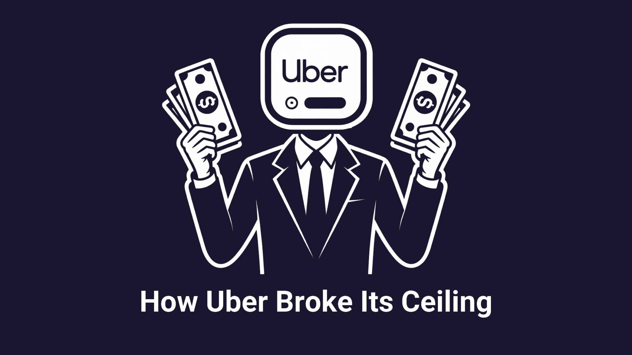 Black and white illustration of a person in a suit holding money with the Uber app icon as a head, representing Uber breaking its growth ceiling.
