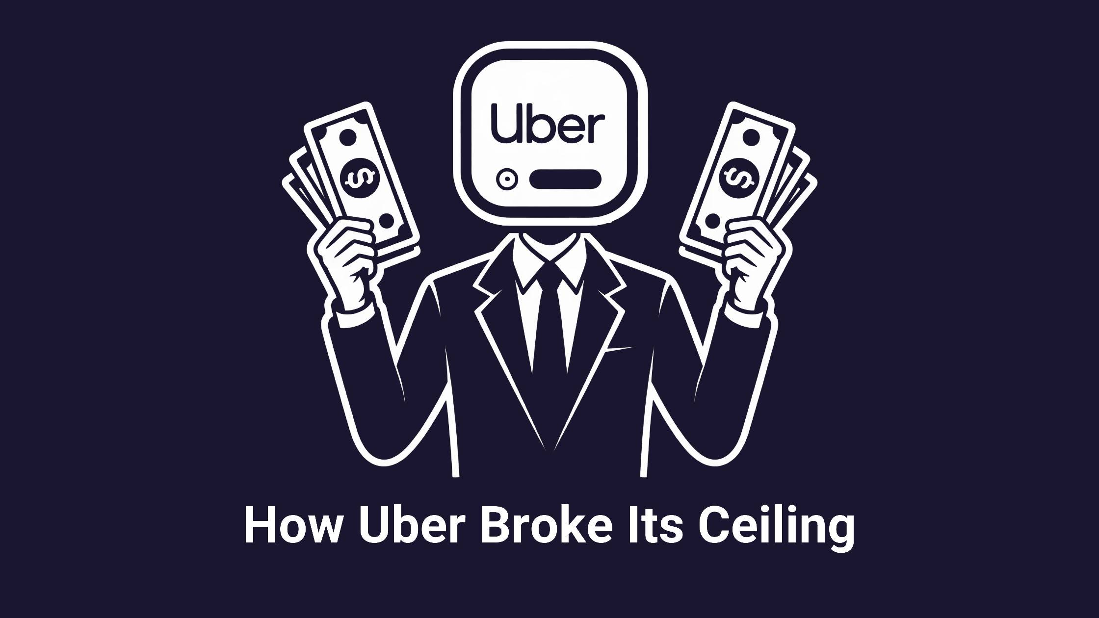 Black and white illustration of a person in a suit holding money with the Uber app icon as a head, representing Uber breaking its growth ceiling.