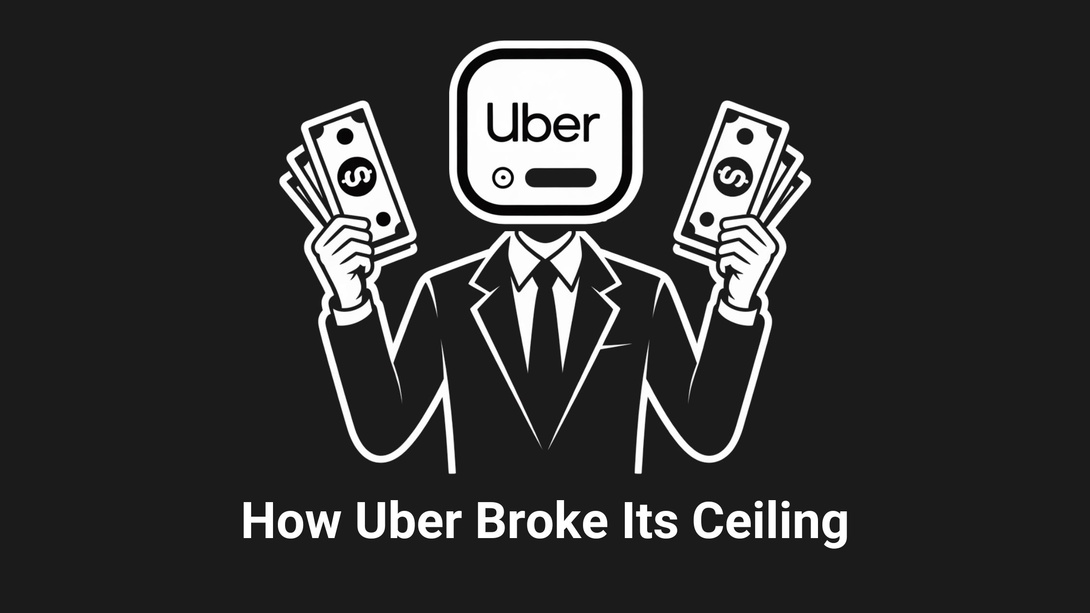 Black and white illustration of a person in a suit holding money with the Uber app icon as a head, representing Uber breaking its growth ceiling.