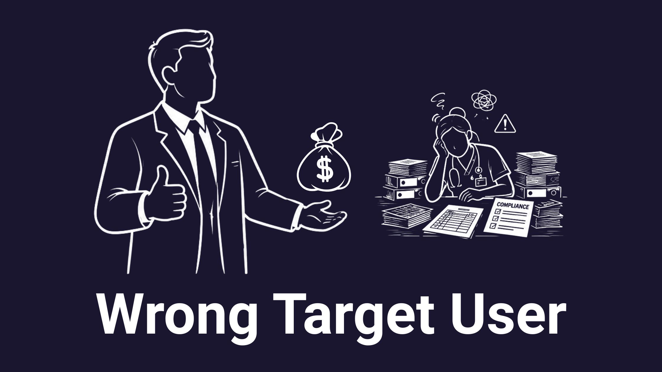 Business buyer with money bag on the left representing the ICP, and overwhelmed compliance worker surrounded by paperwork on the right representing the real target user. Illustrating the costly mistake of building for the wrong person.